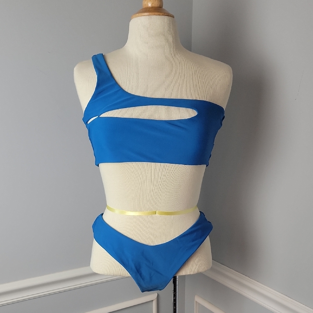 ZAFUL Cobalt Blue One Shoulder Cut Out Top High Cut‎ Leg Bottom Bikini Swim Set